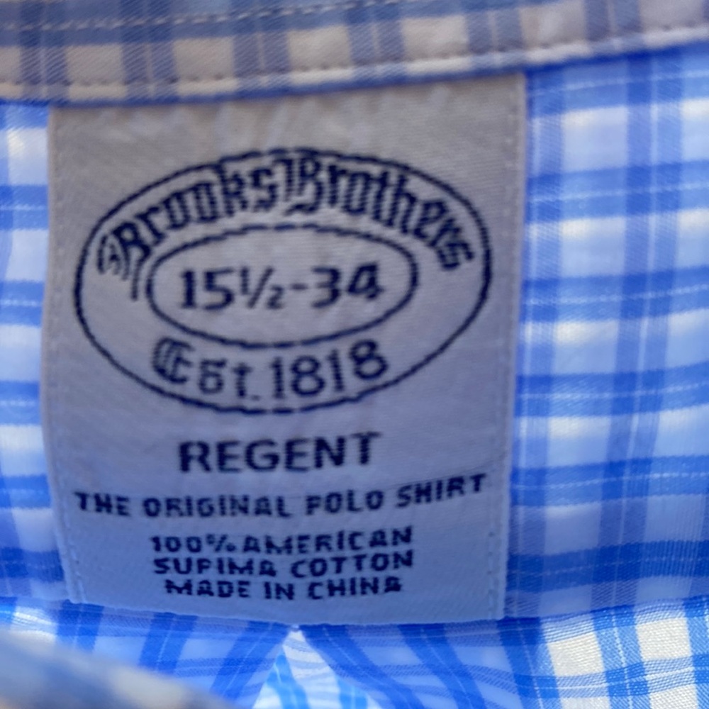 Brooks Brothers Men’s Dress Shirt Sz 15 1/2 - 34 Light Blue/ White Twill Check